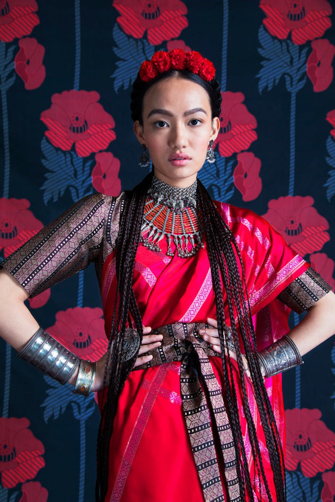 Handwoven Cherry Red Satin Silk Sari