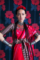 Handwoven Cherry Red Satin Silk Sari