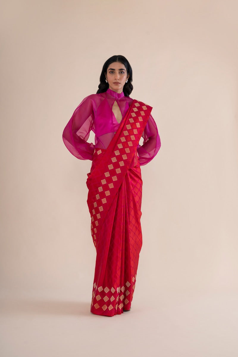 Handwoven Cherry Red Satin Silk Sari