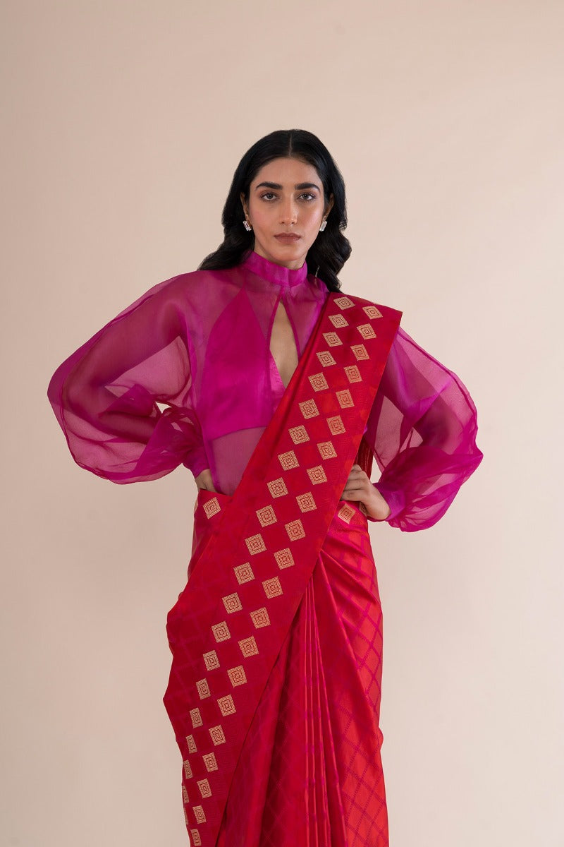 Handwoven Cherry Red Satin Silk Sari