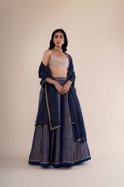 Handwoven Midnight Blue Satin Silk Lehenga With Hand Embroidered Organza Dupatta