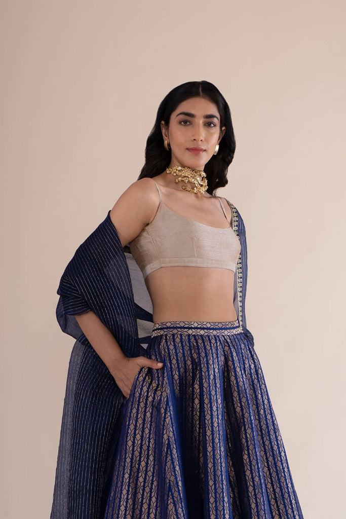 Handwoven Midnight Blue Satin Silk Lehenga With Hand Embroidered Organza Dupatta