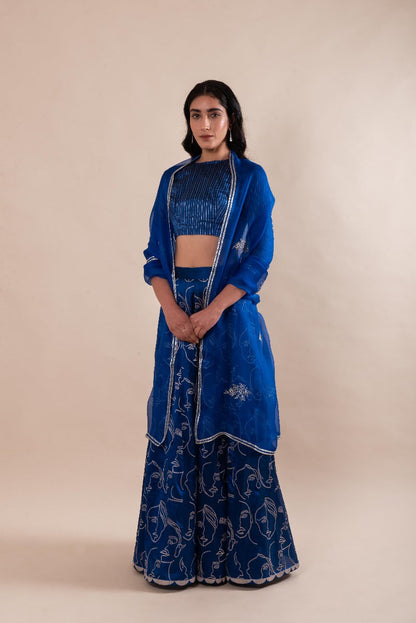 Handwoven Blue Silk Abstract Faces Lehenga