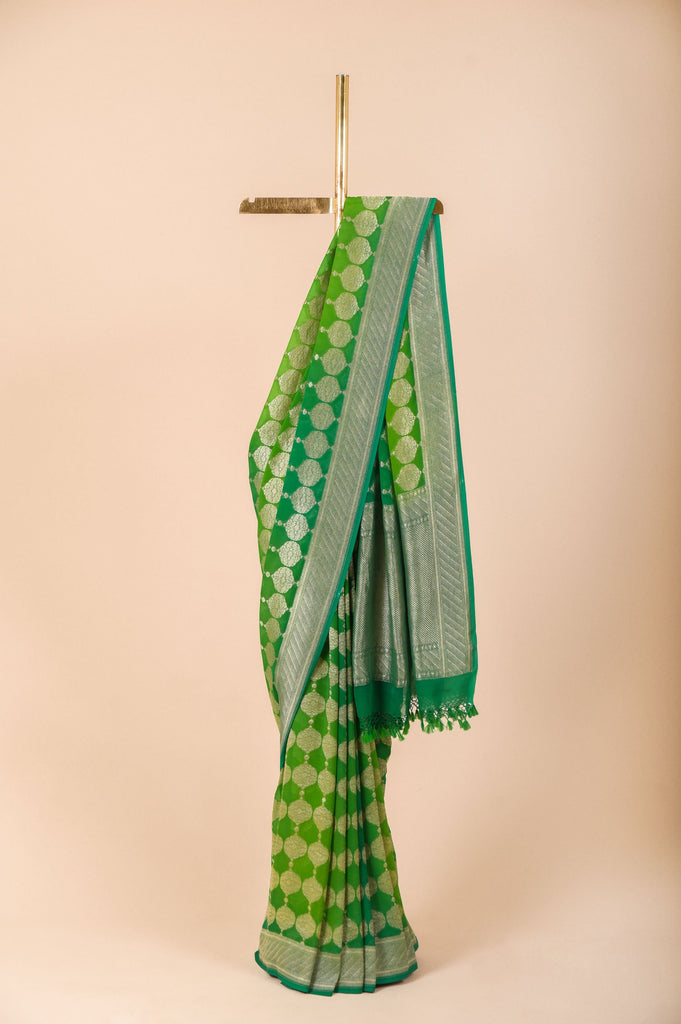 Handwoven Leaf Green Banarasi Georgette Sari