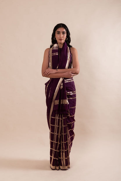Handwoven Aubergine Silk Sari with Geometric pattern
