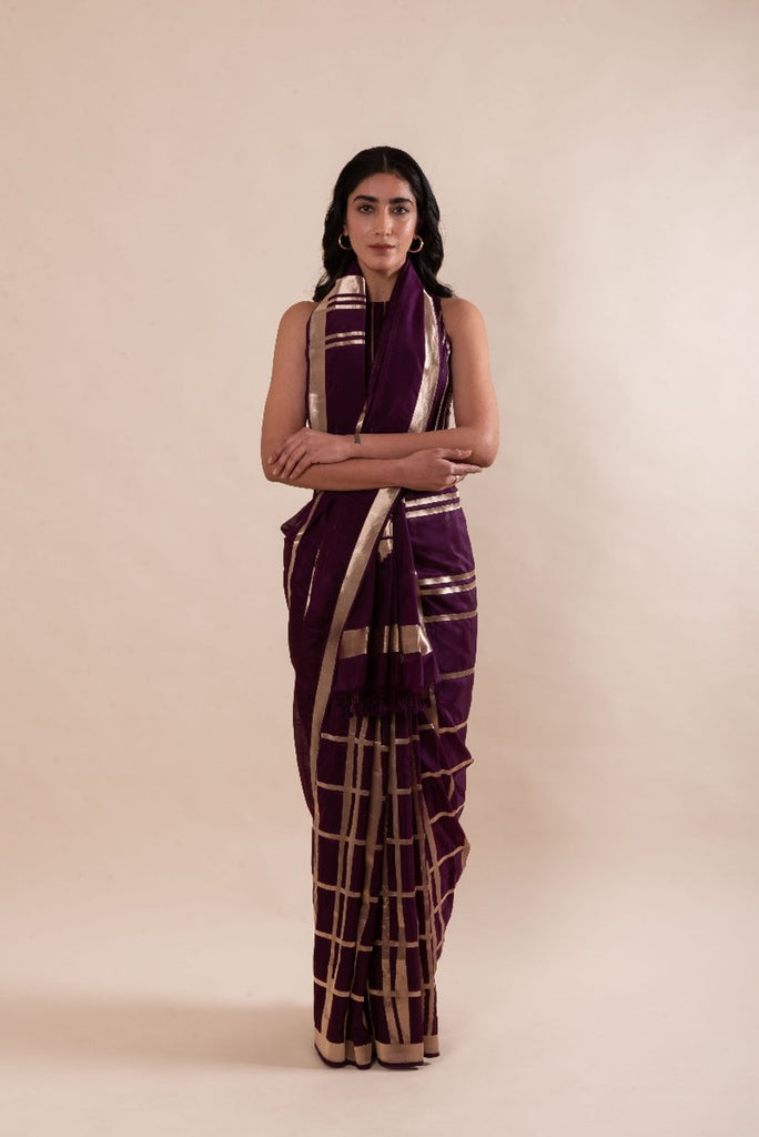 Handwoven Aubergine Silk Sari with Geometric pattern