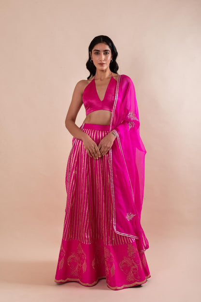 Handwoven Pink Striped Silk Lehenga