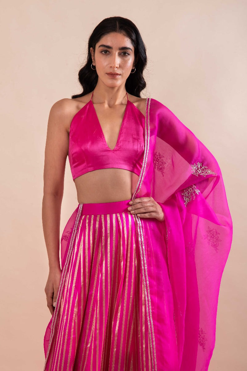 Handwoven Pink Striped Silk Lehenga