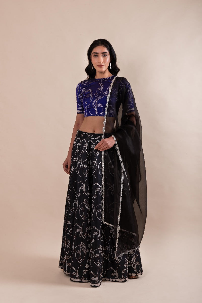 Handwoven Black Silk Abstract Faces Lehenga