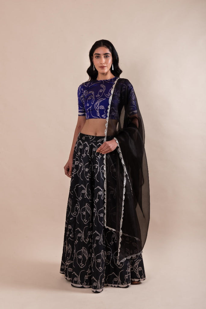 Handwoven Black Silk Abstract Faces Lehenga