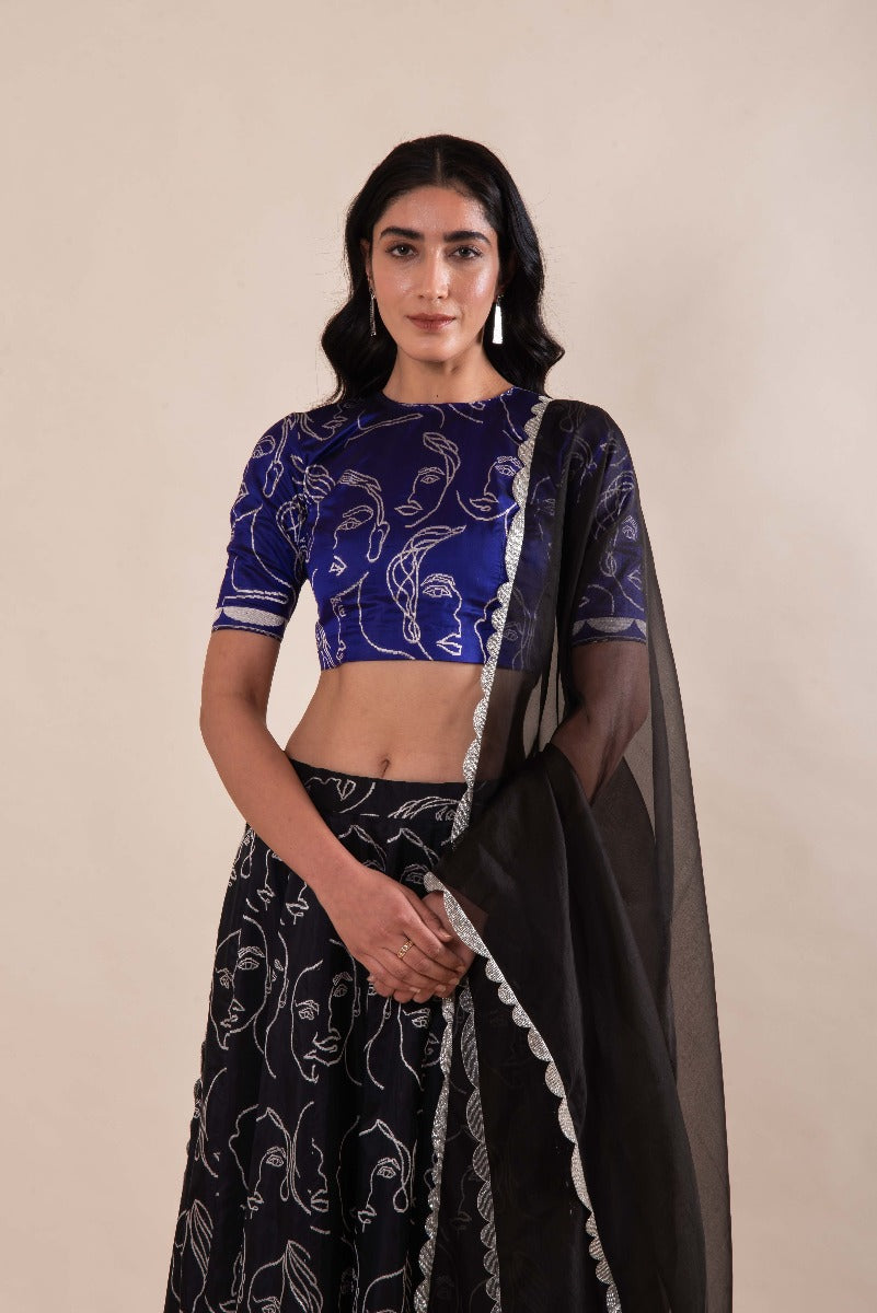 Handwoven Black Silk Abstract Faces Lehenga