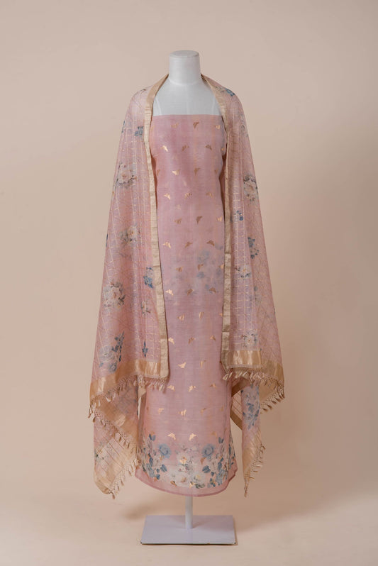 Handwoven Dusty Pink Chanderi Cotton Suit Piece & Dupatta