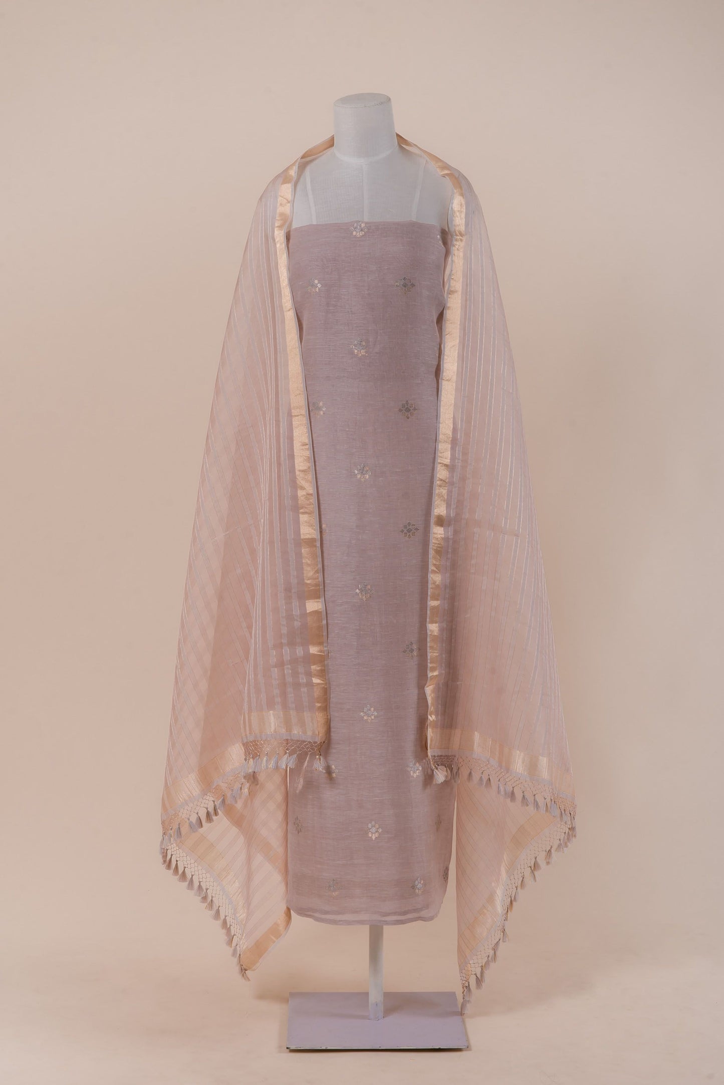 Handwoven Lilac Linen Suit Piece with Organza Dupatta