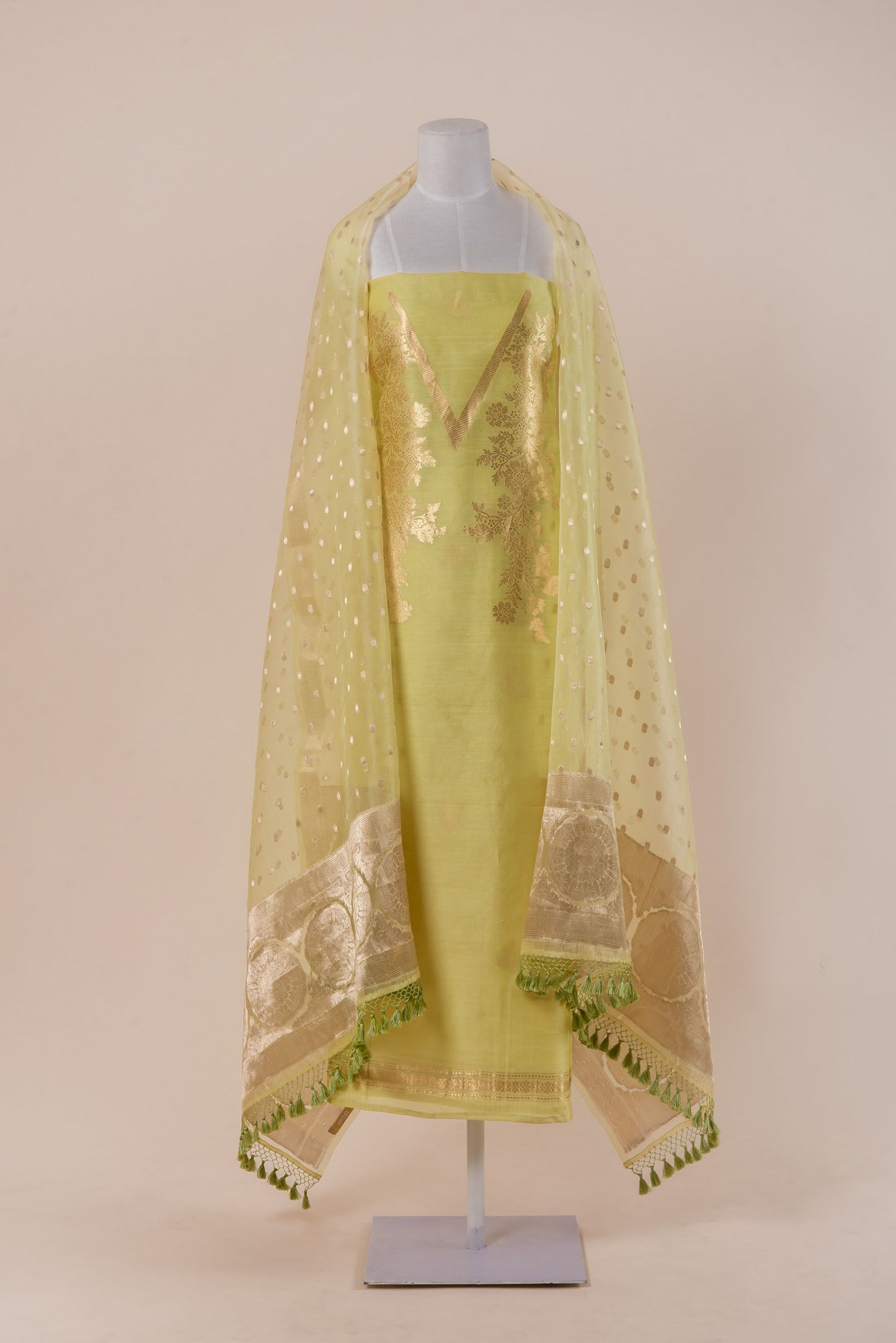 Handwoven Lime Green Chanderi Cotton Suit Piece with Organza Dupatta