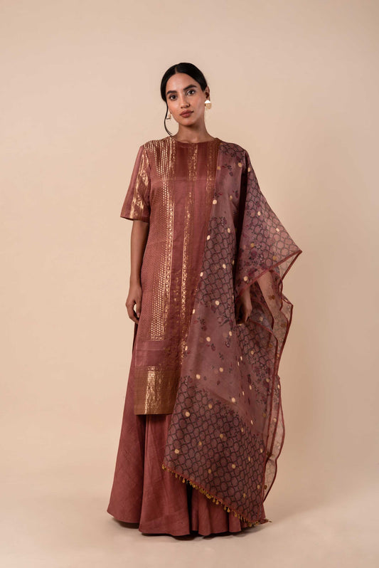 Handwoven Pink Silk Kurta and Palazzo