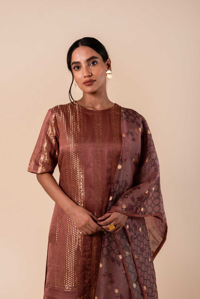 Handwoven Pink Silk Kurta and Palazzo