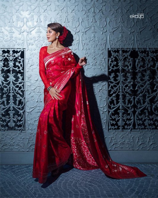 Jacqueline Fernandez in Handwoven Red Silk Sari