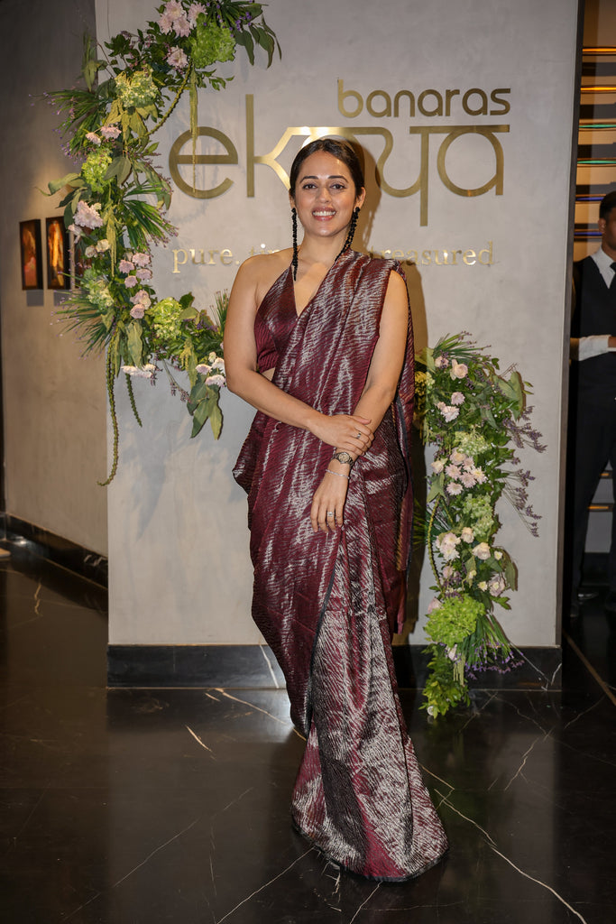 Palak Shah in Handwoven Garnet Silk Sari