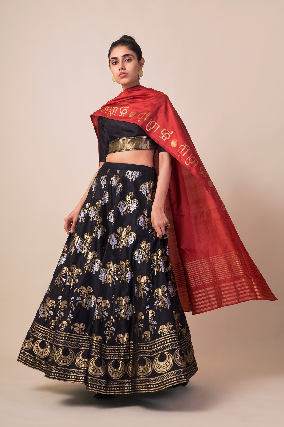 Handwoven Black Silk Lehenga Set with Cherry Blossom Motifs