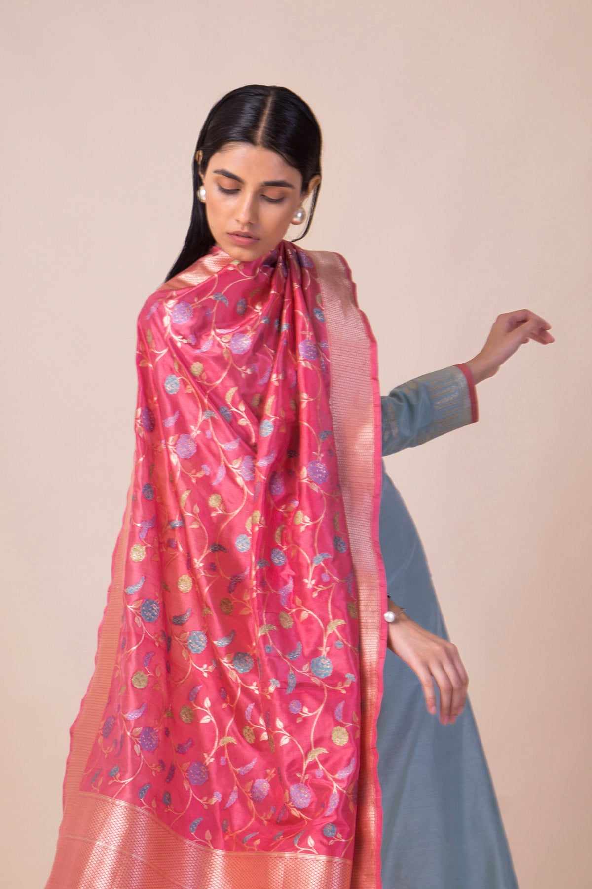 Handwoven Rouge Pink Silk Dupatta