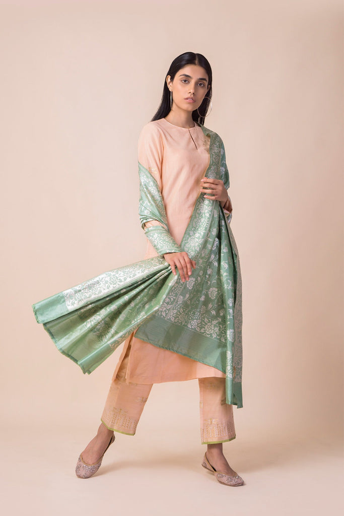 Handwoven Parsi Gara Sage Green Silk Dupatta By Ashdeen L. For Ekaya