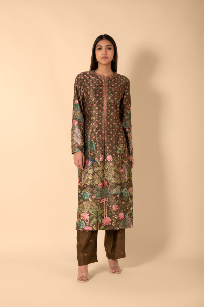 Handwoven Olive Green Digital Printed Silk Kurta