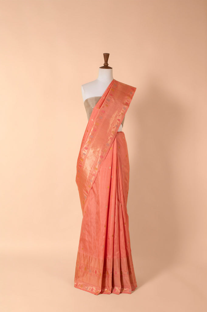 Handwoven Peach Kanjivaram Silk Sari