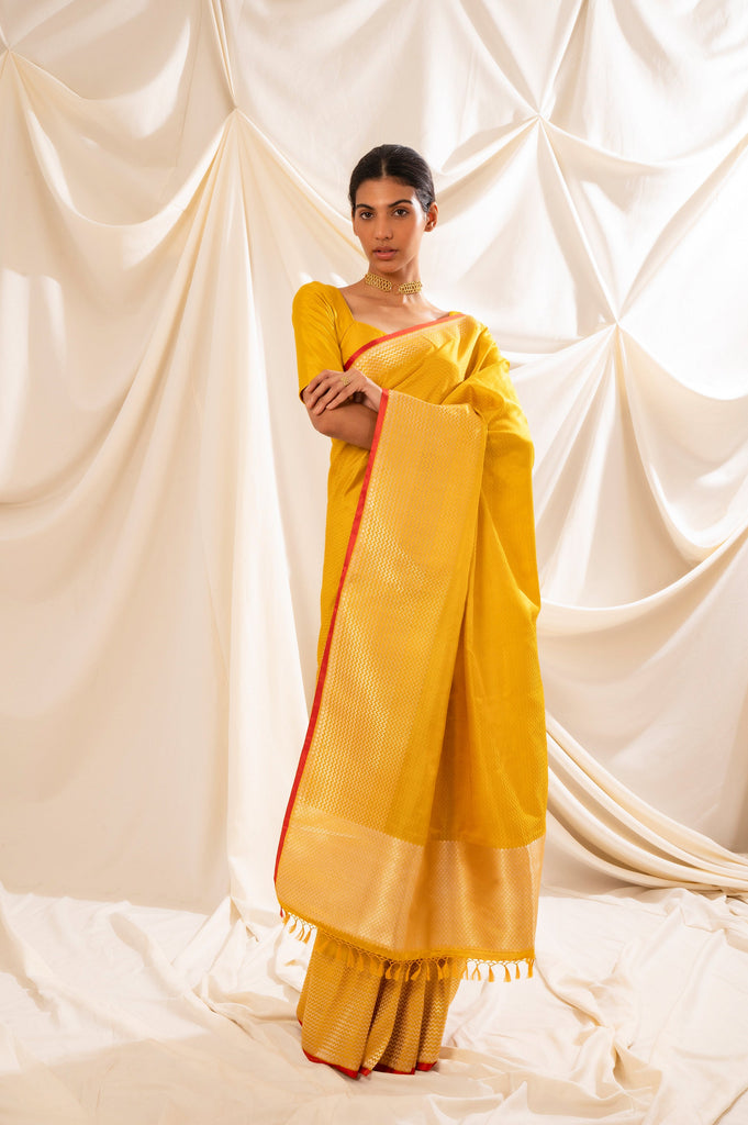 Handwoven Yellow Satin Silk Sari