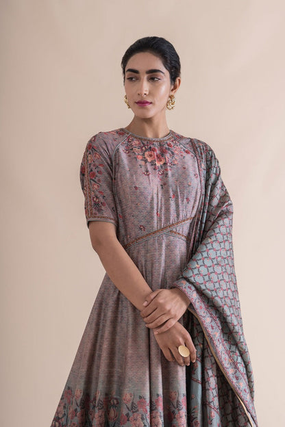 Handwoven stone grey Silk Anarkali Suit and churidar with dupatta