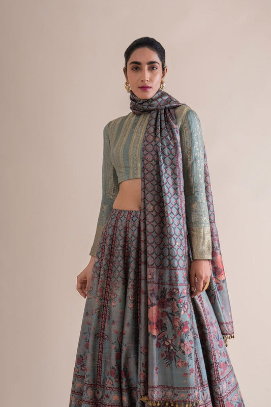 Handwoven Mint Digital Printed Lehenga