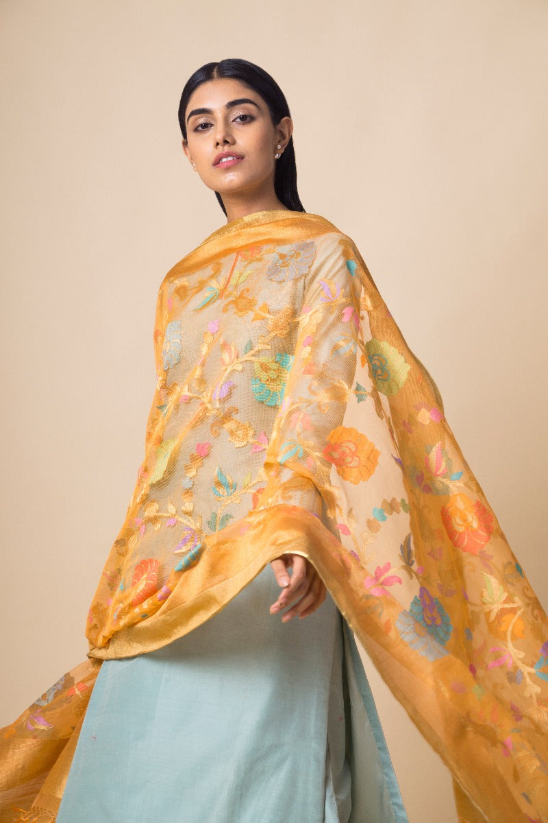 Handwoven Peach Banarasi Net Dupatta