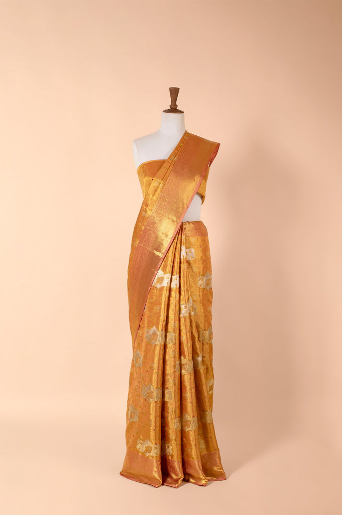 Handwoven Peach Real Zari Kanjivaram Tissue Saree