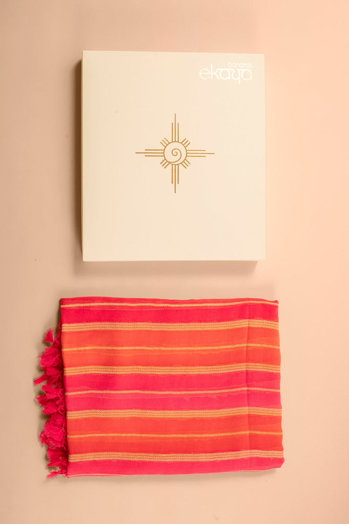 Handwoven Pink and Orange Georgette Dupatta