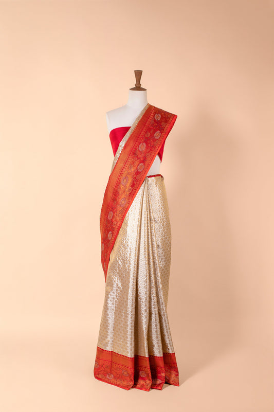 Handwoven Silver Real Zari Kanjivaram Tissue Sari