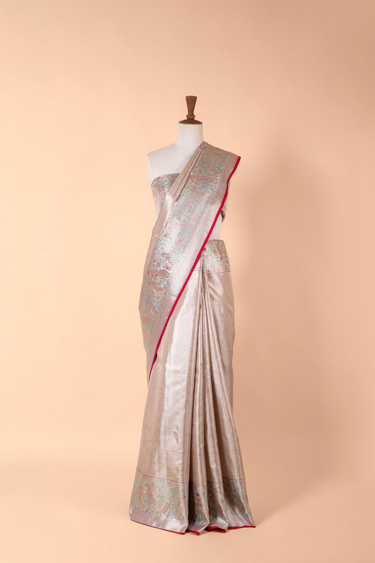 Handwoven Silver Real Zari Kanjivaram Tissue Saree