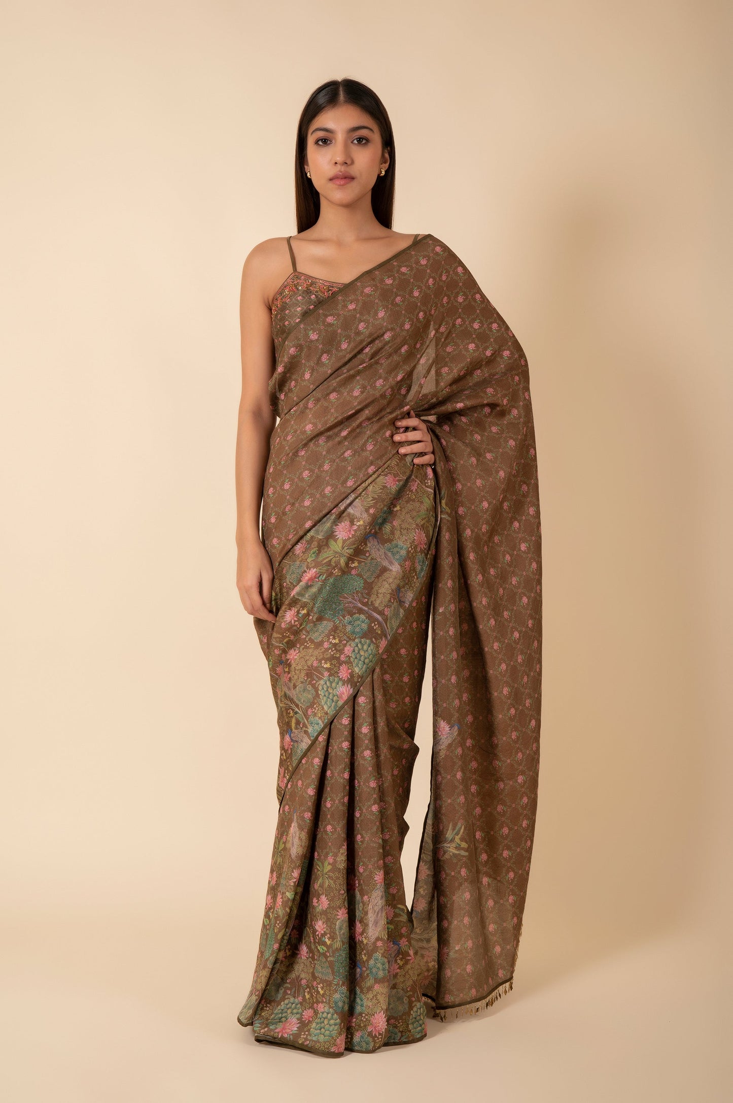 Handwoven Olive Green Digital Printed Tissue Sari