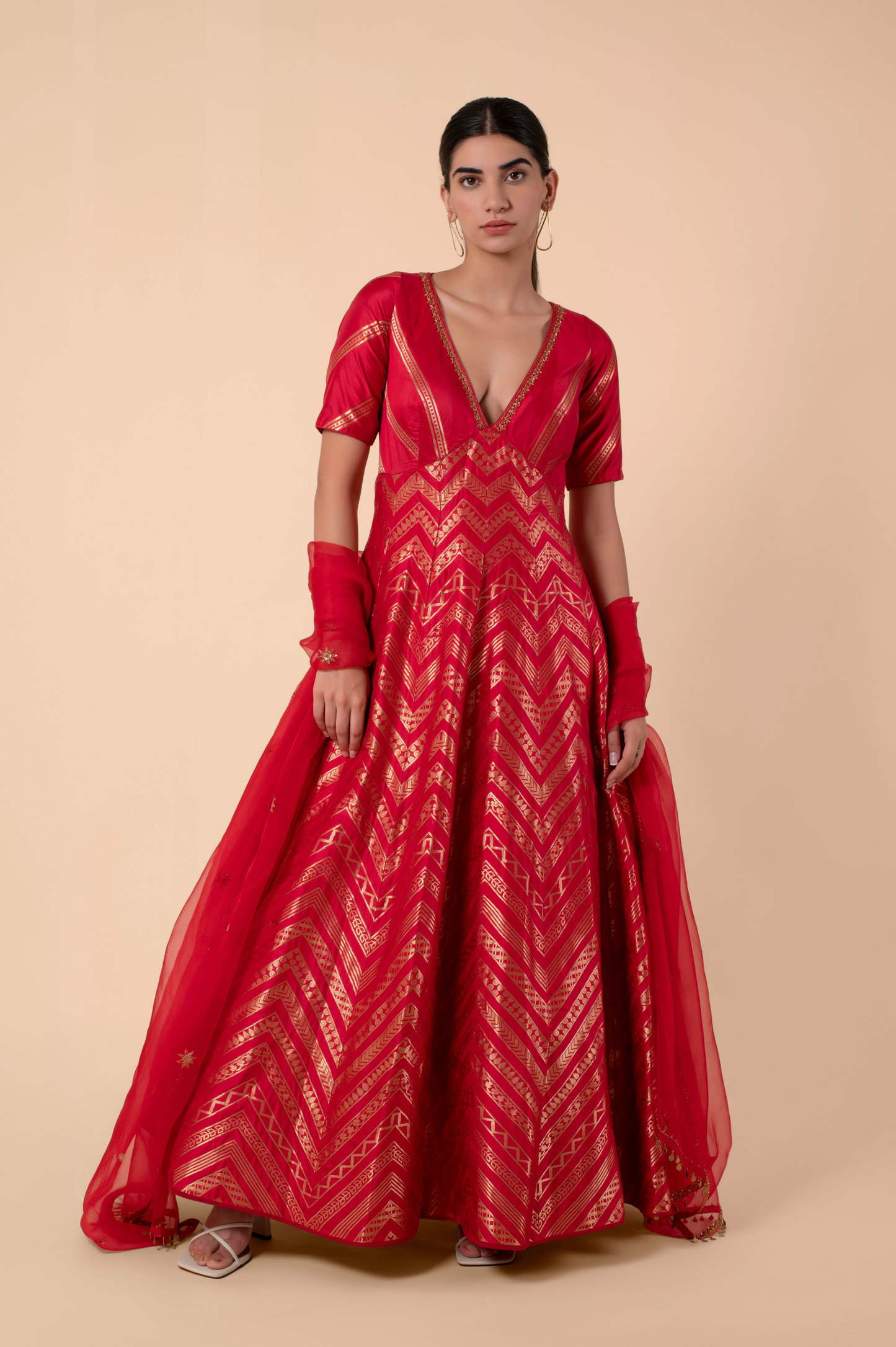 Handwoven Red Silk Anarkali