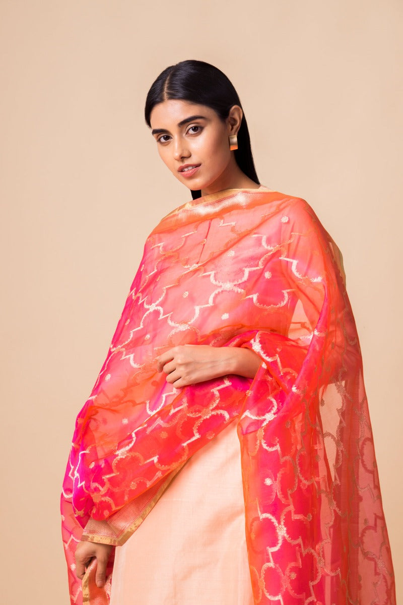 Handwoven Ruby Pink Organza Dupatta