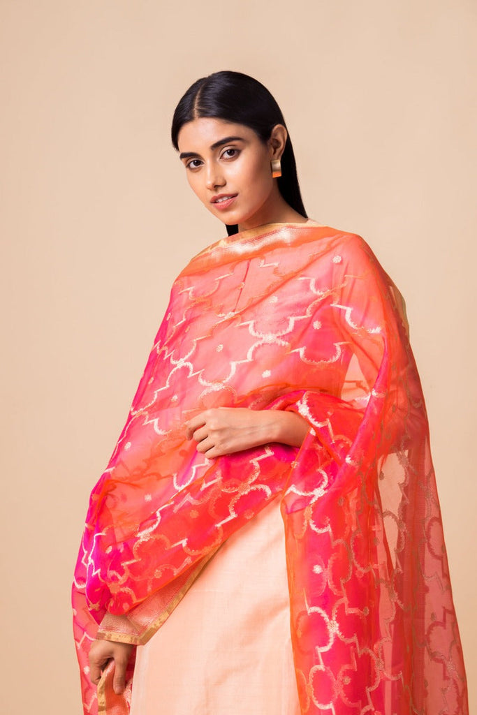 Handwoven Ruby Pink Organza Dupatta