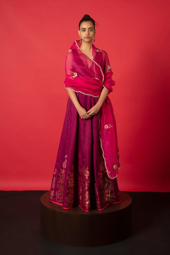 Handwoven Garnet Satin Silk Lehenga