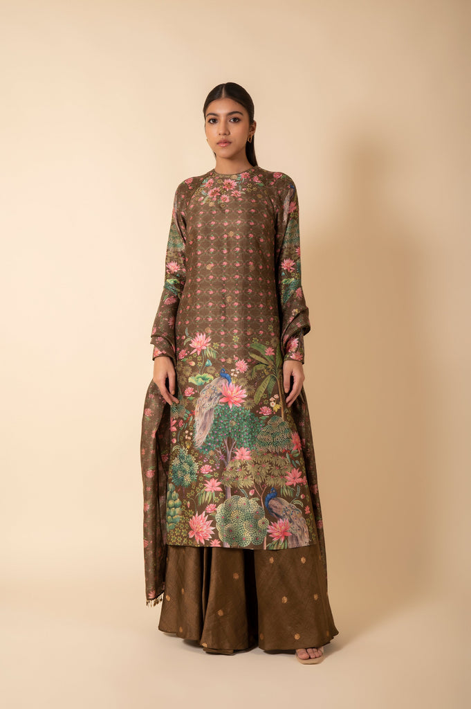 Handwoven Olive Green Digital Printed Silk Suit