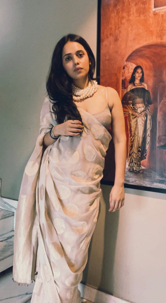 Handwoven Champagne Georgette Sari