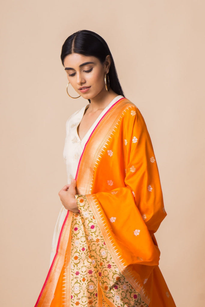 Handwoven Orange Banarasi Silk Dupatta