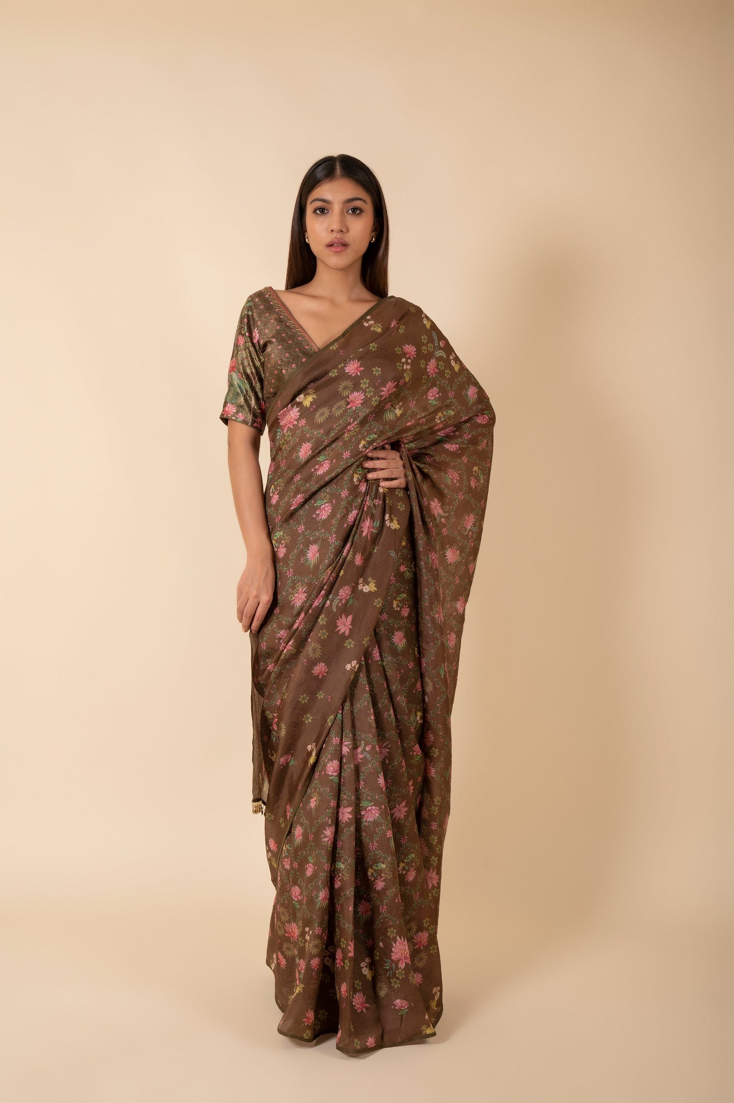 Handwoven Olive Green Digital Printed Tissue Sari