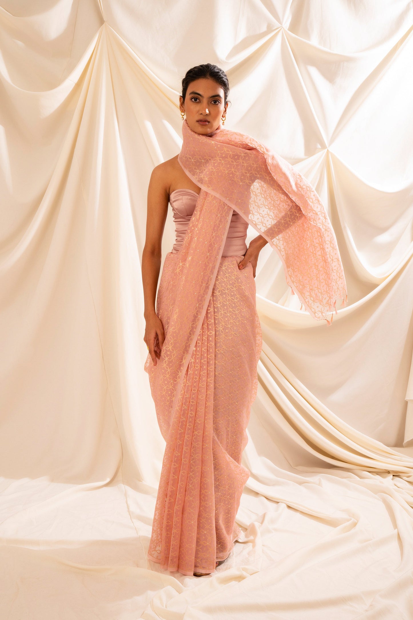 Handwoven Pink Organza Sari