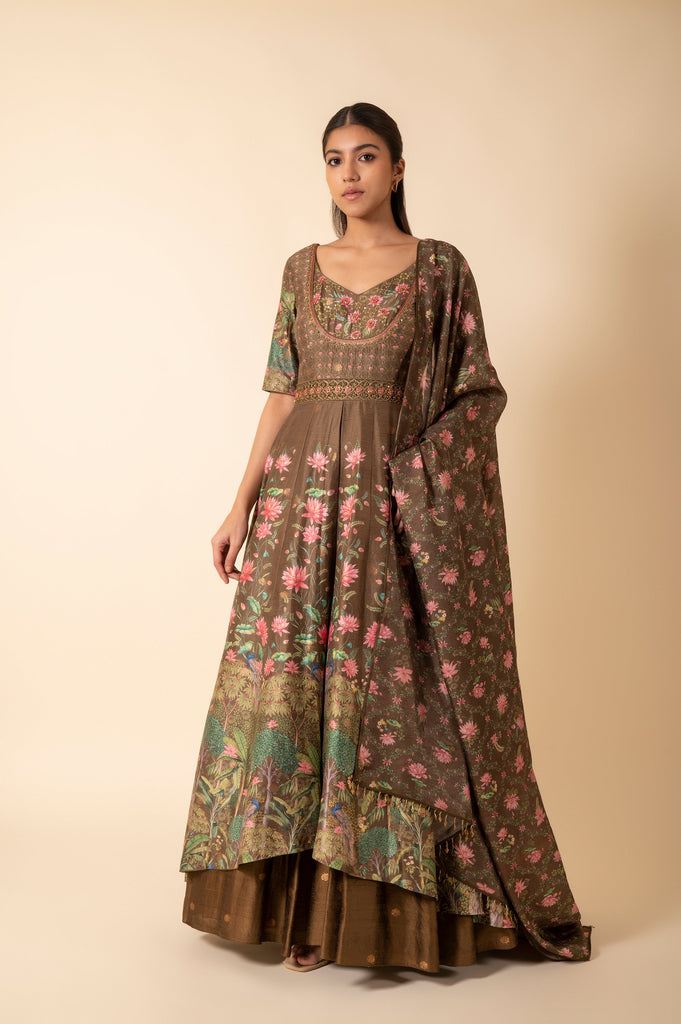 Handwoven Olive Green Digital Printed Silk Anarkali