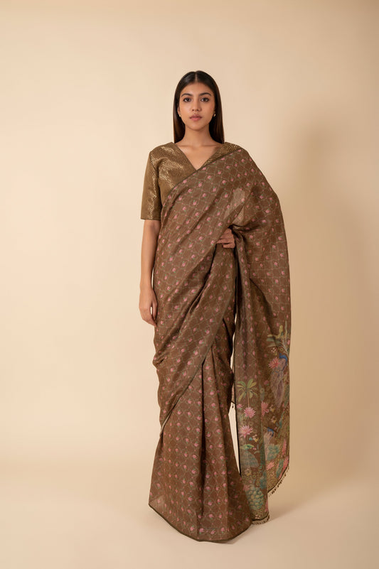 Handwoven Olive Green Digital Printed Tissue Sari