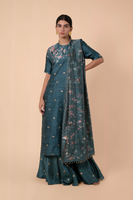 Handwoven Teal Digital Printed Silk Suit