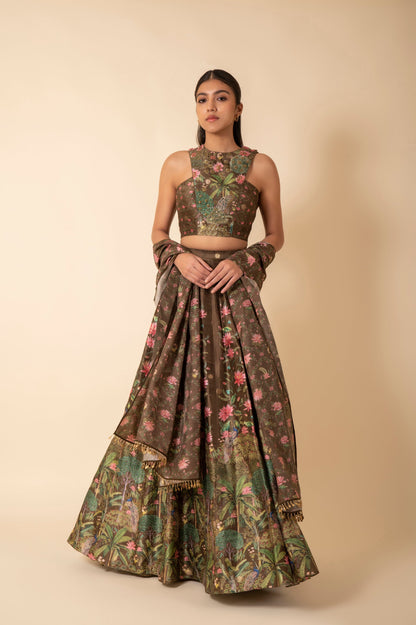 Handwoven Olive Green Digital Printed Silk Lehenga