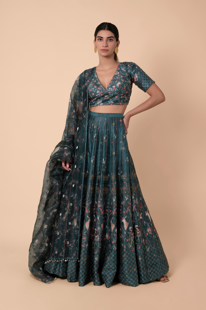 Handwoven Teal Digital Printed Silk Lehenga